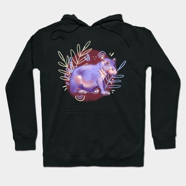 Cute Purple Hippo with Leaves and Plants Hoodie by livelonganddraw